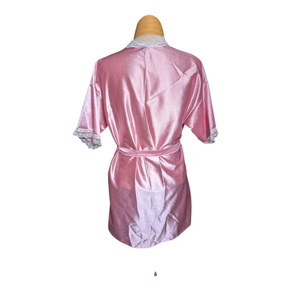 Vtg 1980s Denise Bubblegum Pink Satin Dot Textured Short Sleeve Lace Trim Robe M - Picture 3 of 6